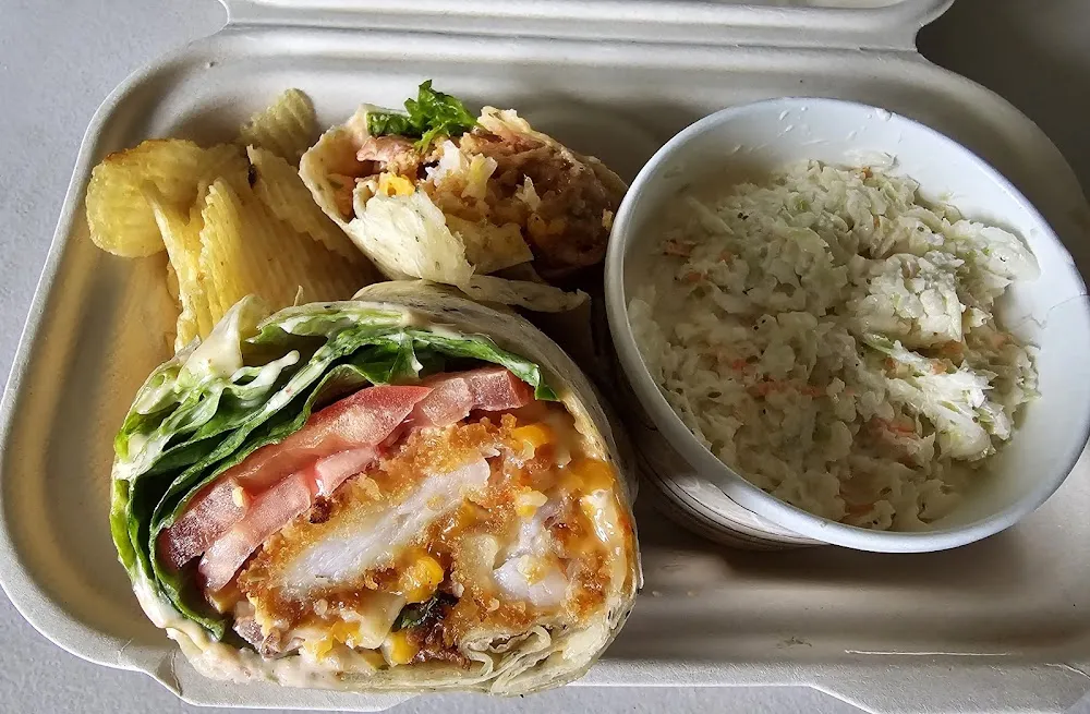 Bang Bang Crispy Shrimp Bacon Wrap with Side Cole Slaw and Potato Chips