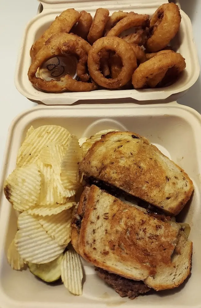 Patty Melt Burger with Side of Beer Battered Onion Rings